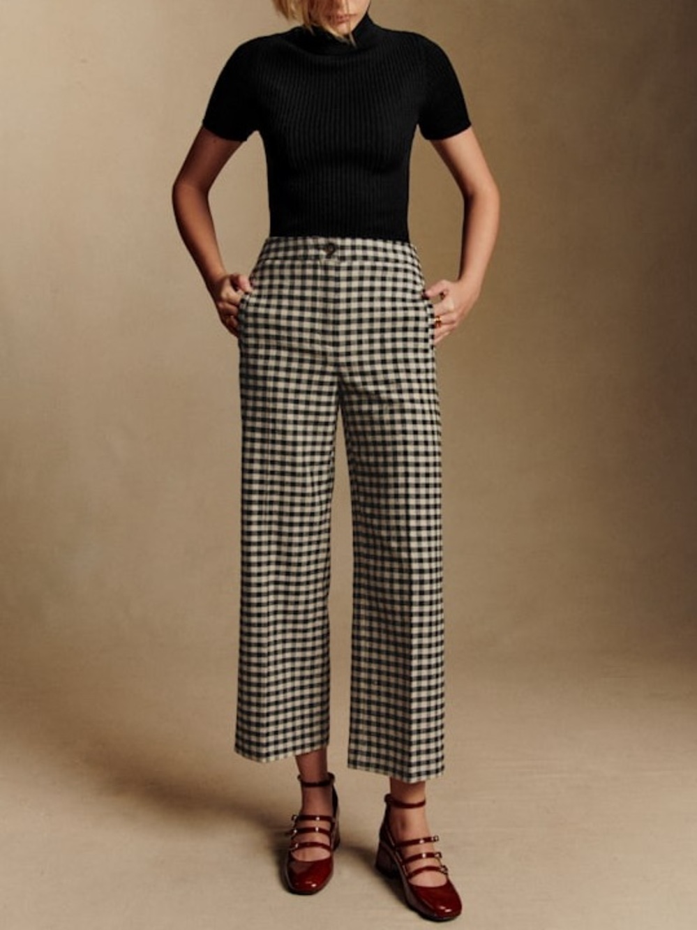 NEW Sezane Martin Crop Trousers in Black and Ecru Gingham Size 38 / 6